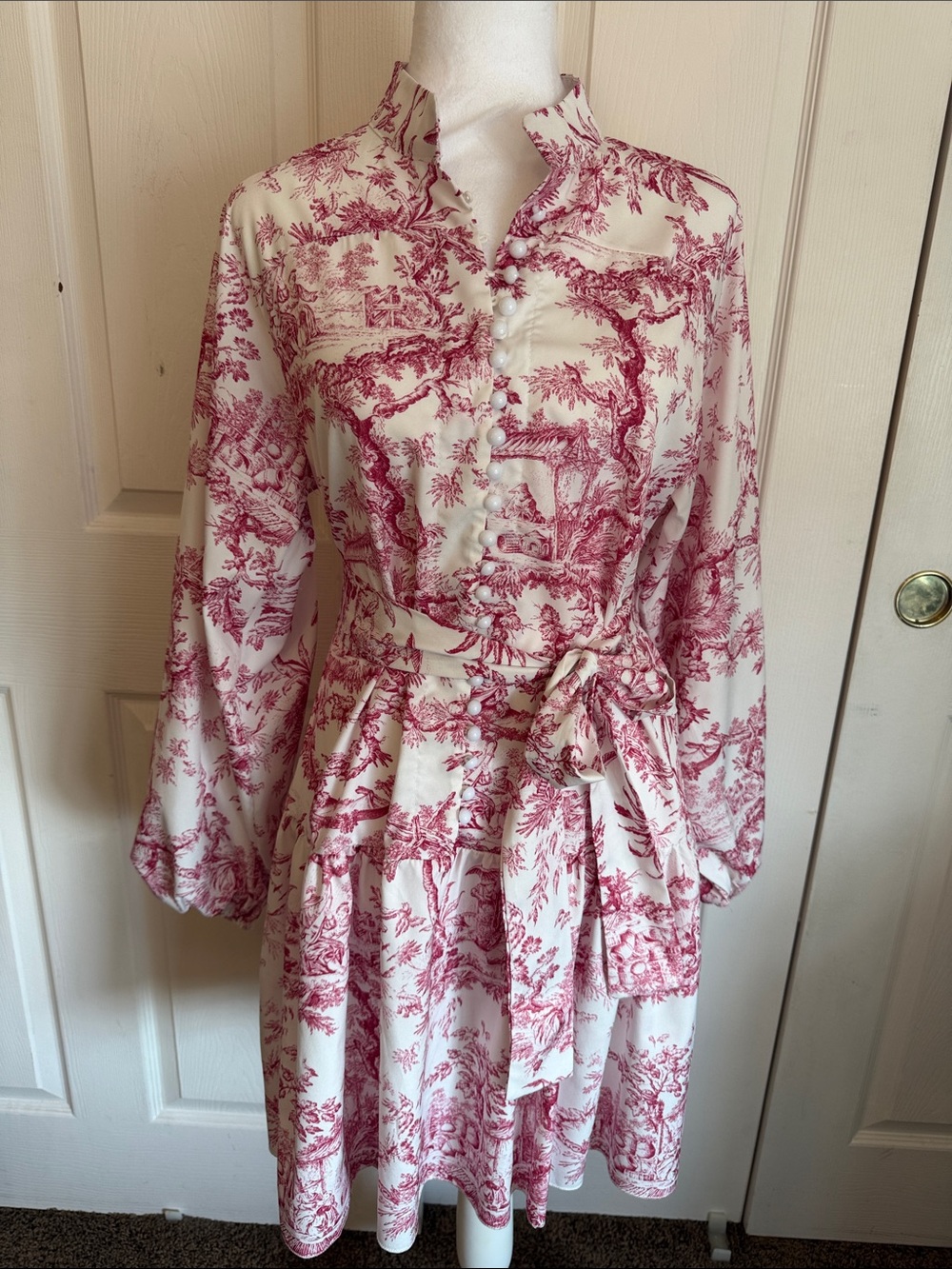 Dior Style Toile de Joie Print Dress White & Pink Fuchsia fit & flair
